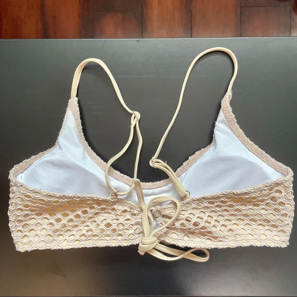 Nude Fishnet Bikini Cheeky High Leg Bottoms Criss Cross Top Size Large - Picture 5 of 14